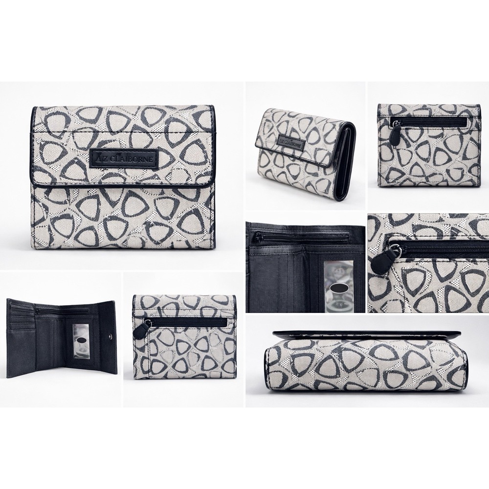Liz Claiborne Trifold Wallet Gray White Geometric Print Snap Checkbook Organizer